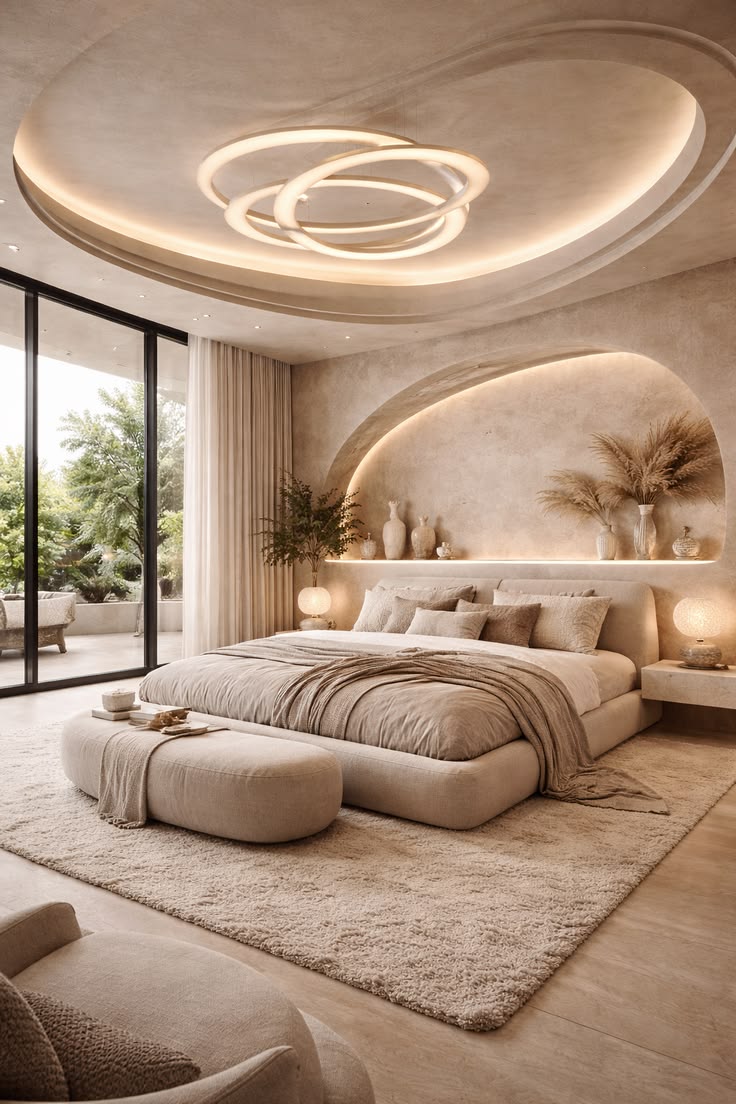 luxury neutral bedroom with sculptural ceiling light & soft minimal decor